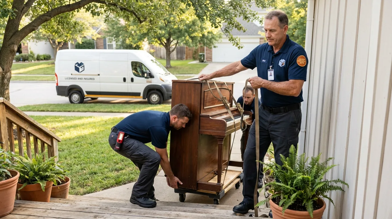 Licensed piano movers securing grand piano in Loving, NM