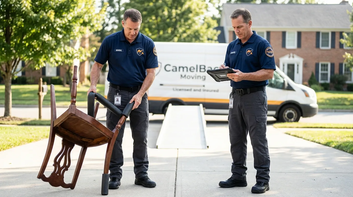 Movers inspecting furniture for damage prevention before loading in Loving, NM