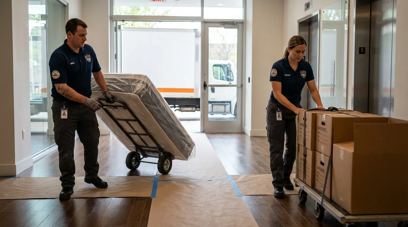 Professional apartment movers loading elevator in Loving, NM